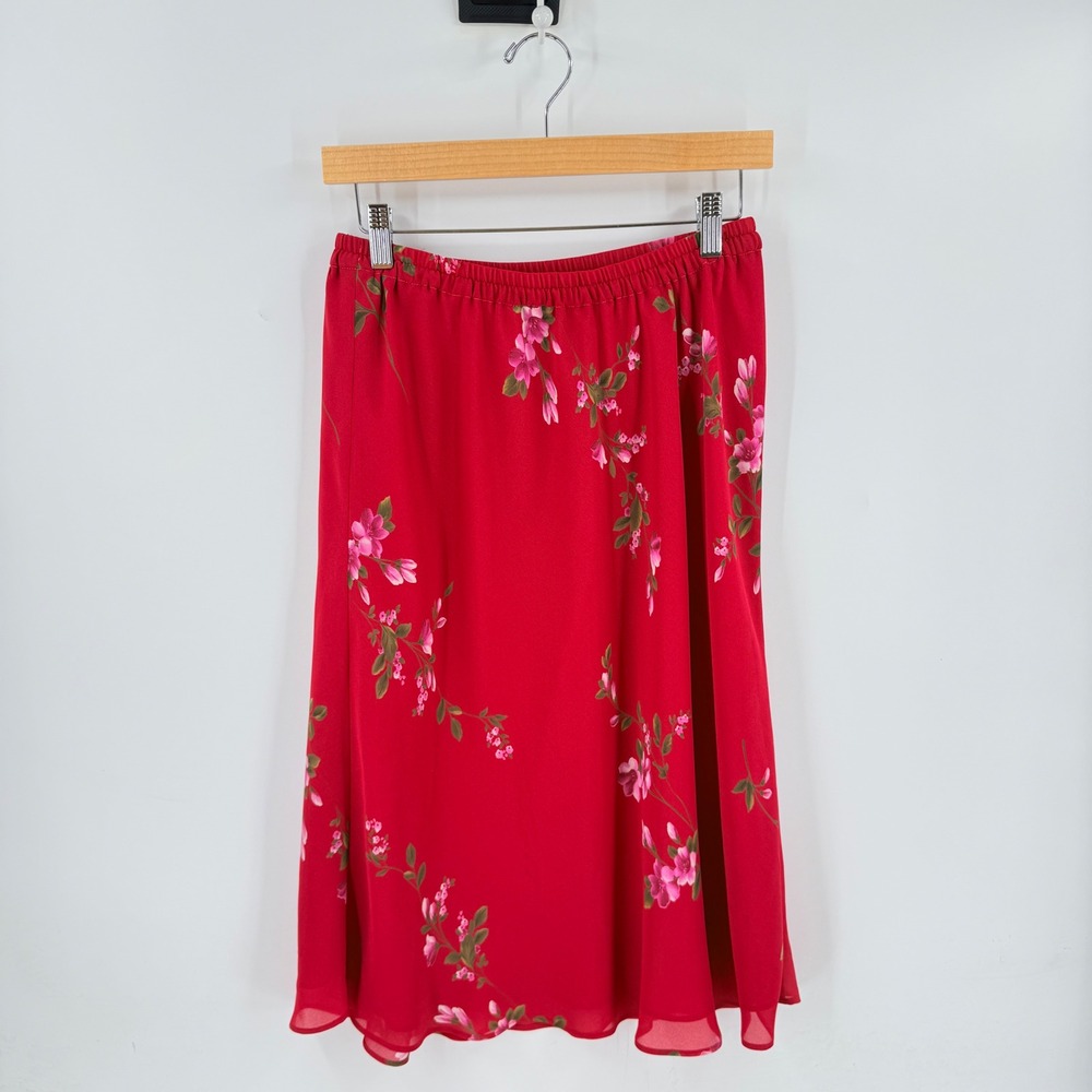 Vintage 90s Long Floral‎ Skirt Draper's & Damon's Red 14 Floral Elastic Waist